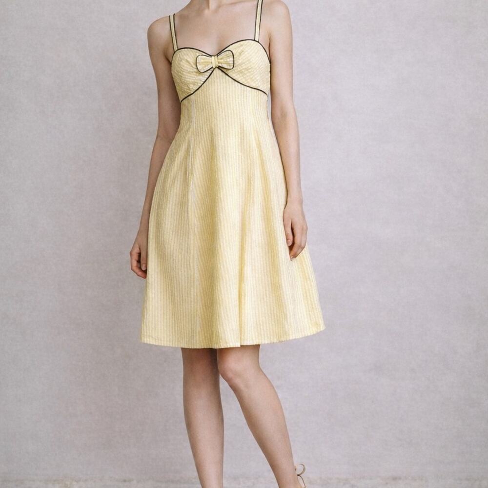 Anthropologie Lemon Parfait Bow Yellow Striped Summer Dress Cotton Viola Sz 8 - Picture 10 of 10